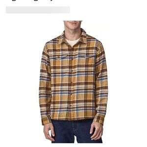 Patagonia Fjord Organic Cotton Plaid Flannel Shirt Tan Blue